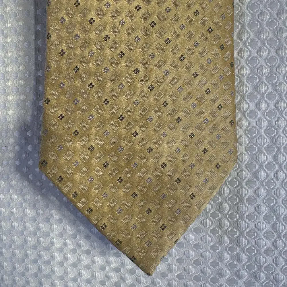 Burma Bibas Vintage 100% Silk Geometric Necktie Gold Grey Block Pattern